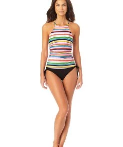 ANNE COLE STRIPED HIGH NECK TANKINI TOP