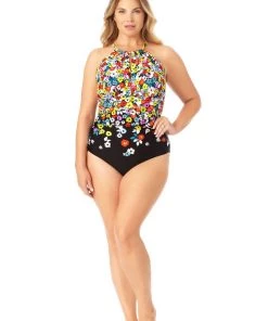ANNE COLE PLUS SIZE FLOWER FIELD HIGH NECK ONE PCE